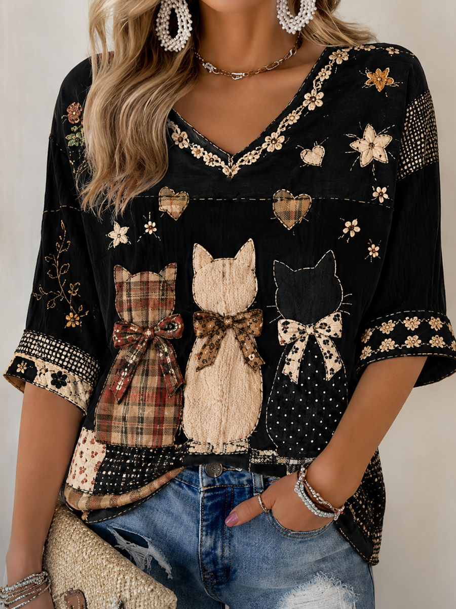 Women's Cat Printed Mid-length Sleeves V-Neck T-Shirt gracestitchs