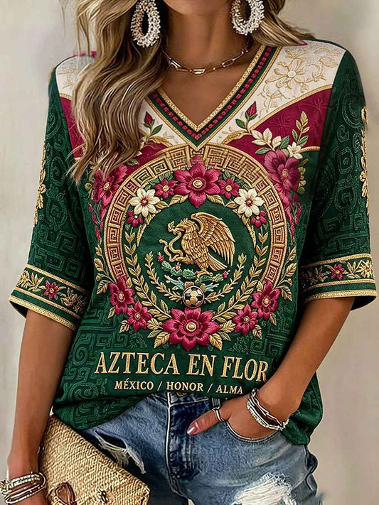 Women's Mexico Football Lover Art Printed Linen T-shirt