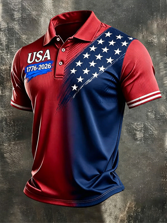 Men's Independence Day USA Flag Print Casual Patriotic Polo gracestitchs