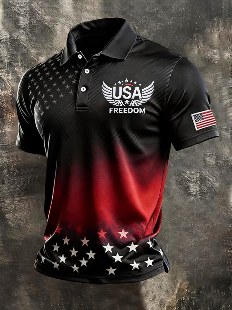 Men's Independence Day USA Flag Print Casual Patriotic Polo gracestitchs
