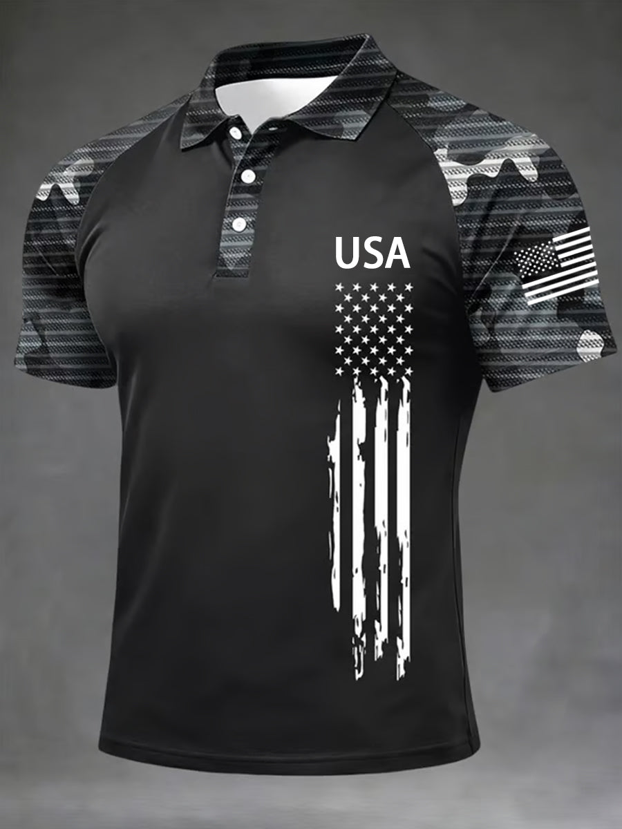Men's Independence Day USA Flag Print Casual Patriotic Polo gracestitchs