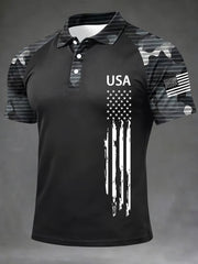 Men's Independence Day USA Flag Print Casual Patriotic Polo gracestitchs