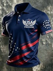 Men's Independence Day USA Flag Print Casual Patriotic Polo gracestitchs