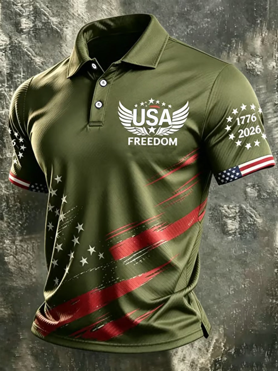Men's Independence Day USA Flag Print Casual Patriotic Polo gracestitchs