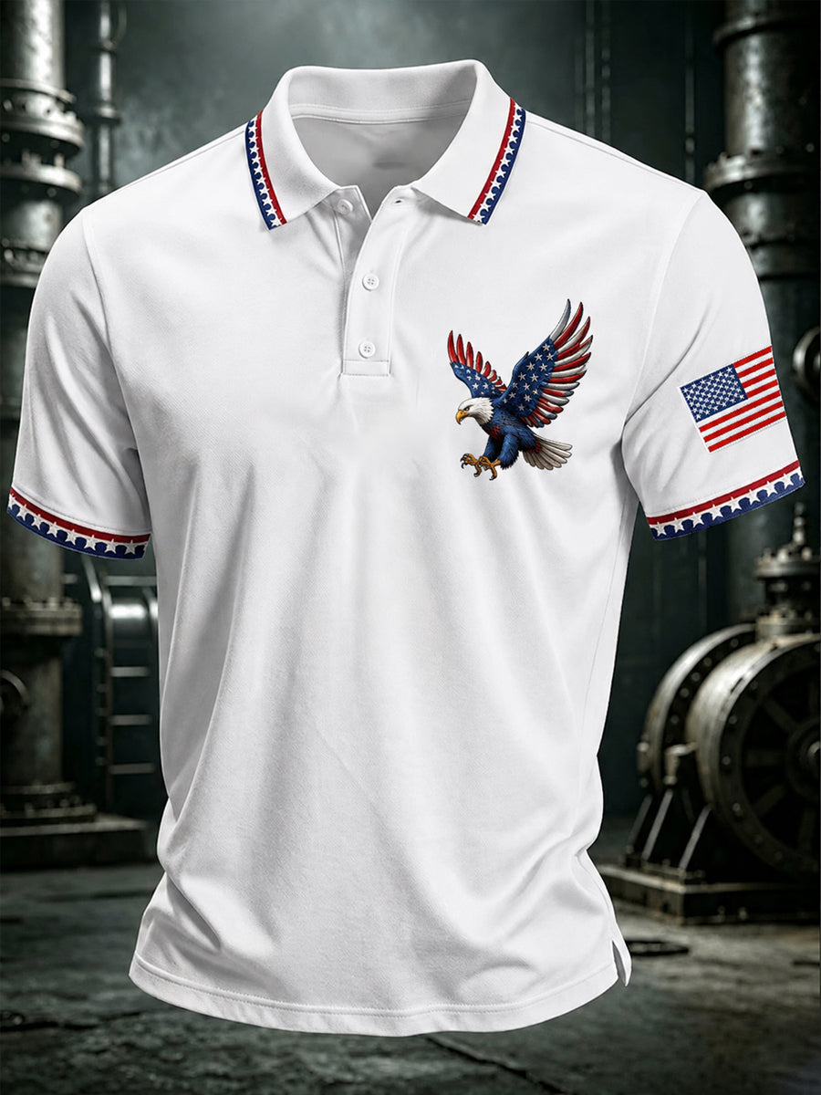 Men's Independence Day Bald Eagle Print Casual Patriotic Polo gracestitchs