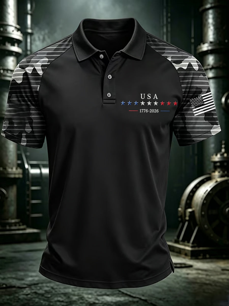 Men's Independence Day USA Flag Print Casual Patriotic Polo gracestitchs