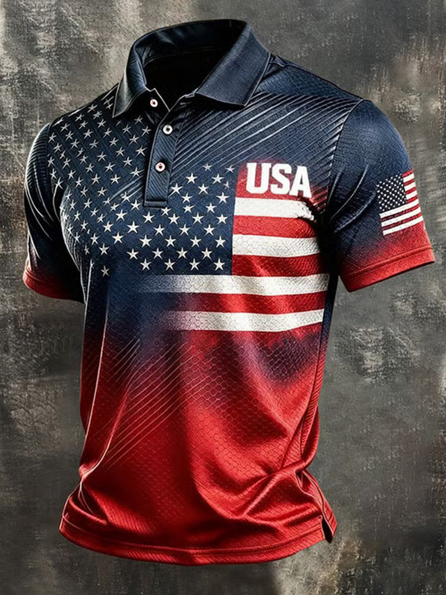 Men's Independence Day USA Flag Print Casual Patriotic Polo gracestitchs