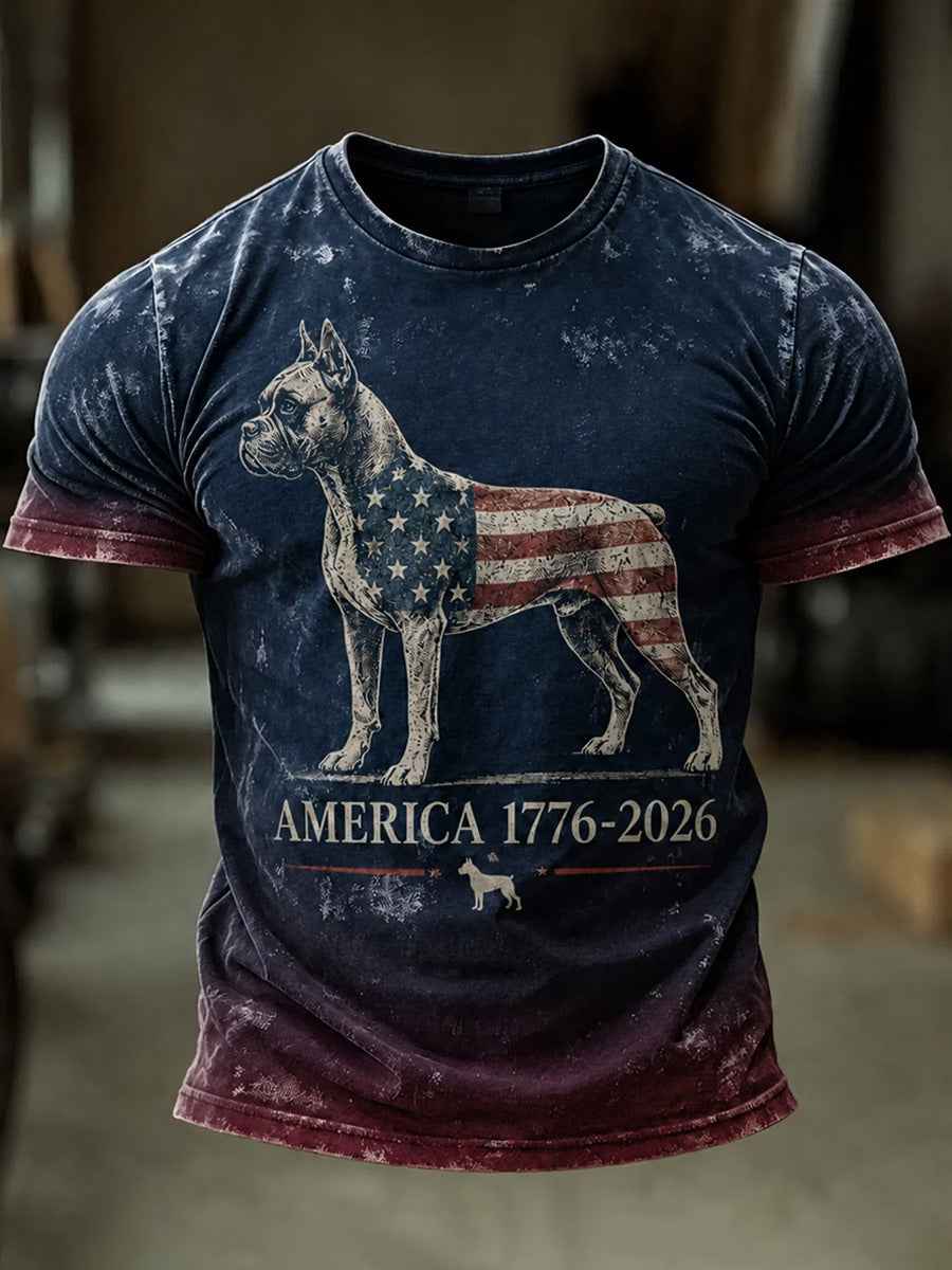Men's Independence Day USA Flag Dog Print Casual Patriotic Tee gracestitchs