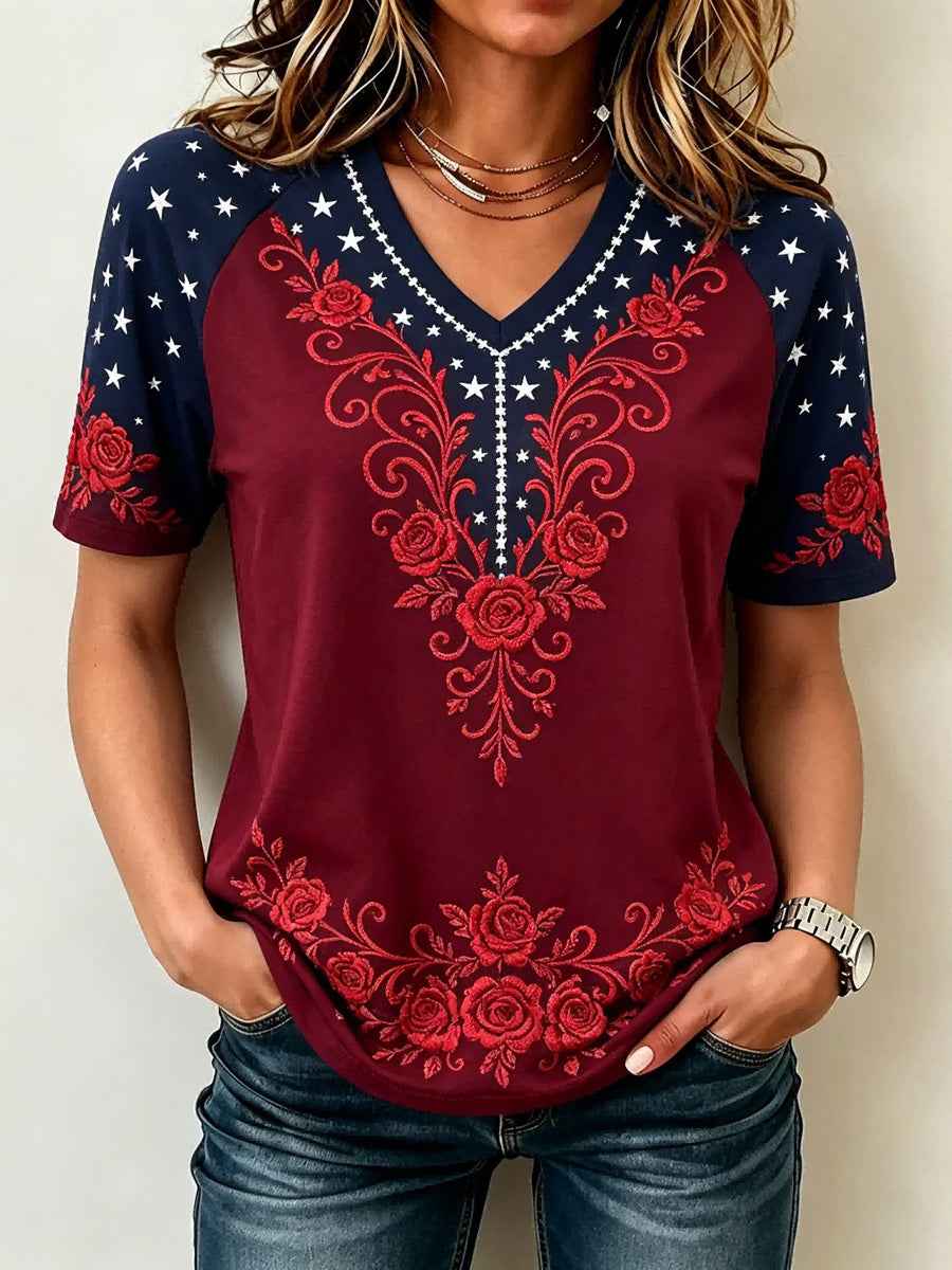 Women's Floral Independence Day  Print Casual Patriotic V-Neck Tee gracestitchs
