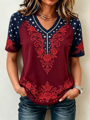 Women's Floral Independence Day  Print Casual Patriotic V-Neck Tee gracestitchs