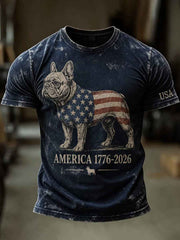 Men's Independence Day USA Flag Dog Print Casual Patriotic Tee gracestitchs