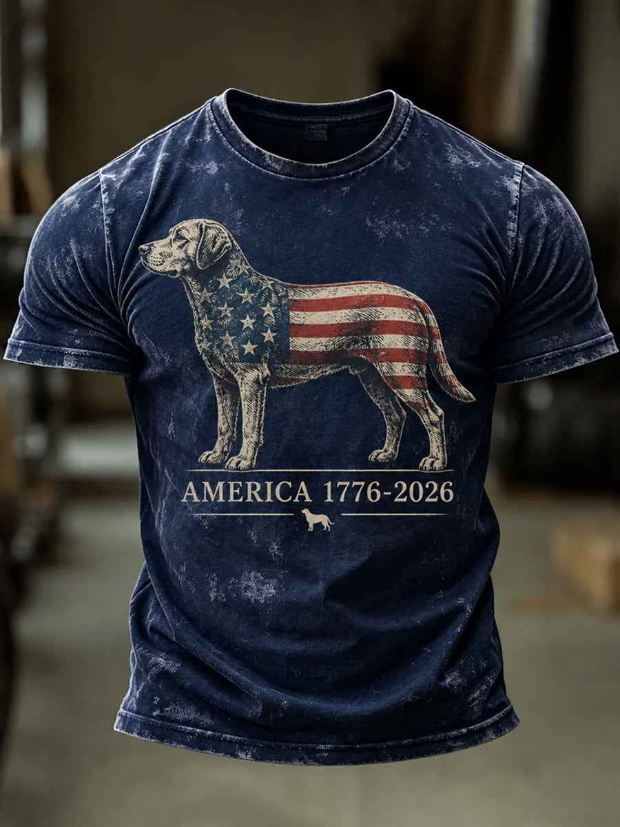 Men's Independence Day USA Flag Dog Print Casual Patriotic Tee gracestitchs