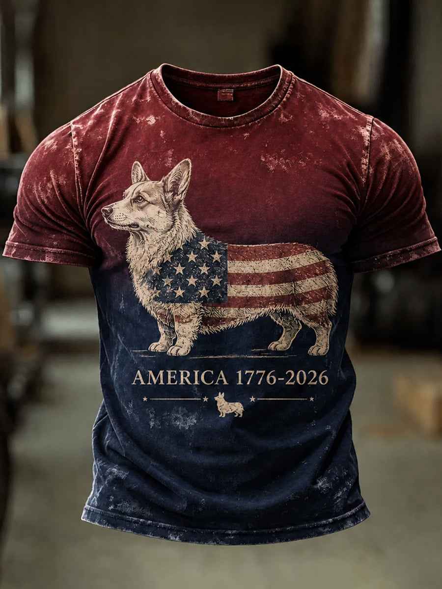 Men's Independence Day USA Flag Dog Print Casual Patriotic Tee gracestitchs