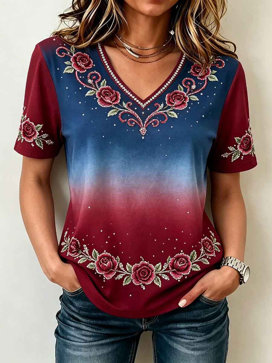 Women's Floral Independence Day  Print Casual Patriotic V-Neck Tee gracestitchs