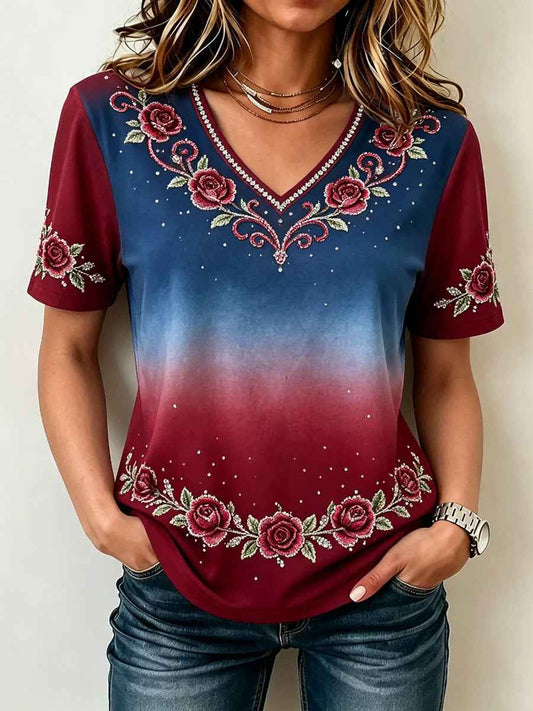 Women's Floral Independence Day  Print Casual Patriotic V-Neck Tee