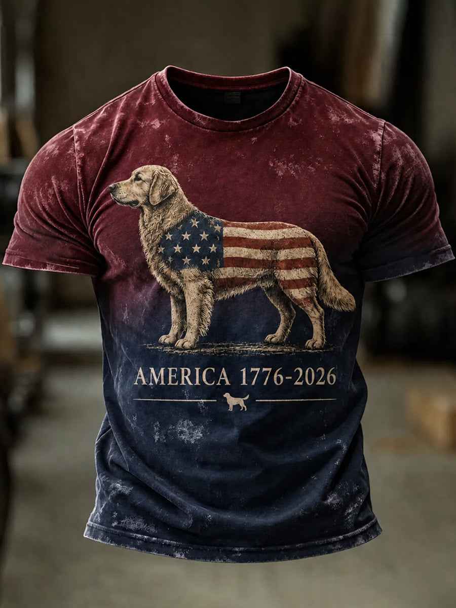 Men's Independence Day USA Flag Dog Print Casual Patriotic Tee gracestitchs