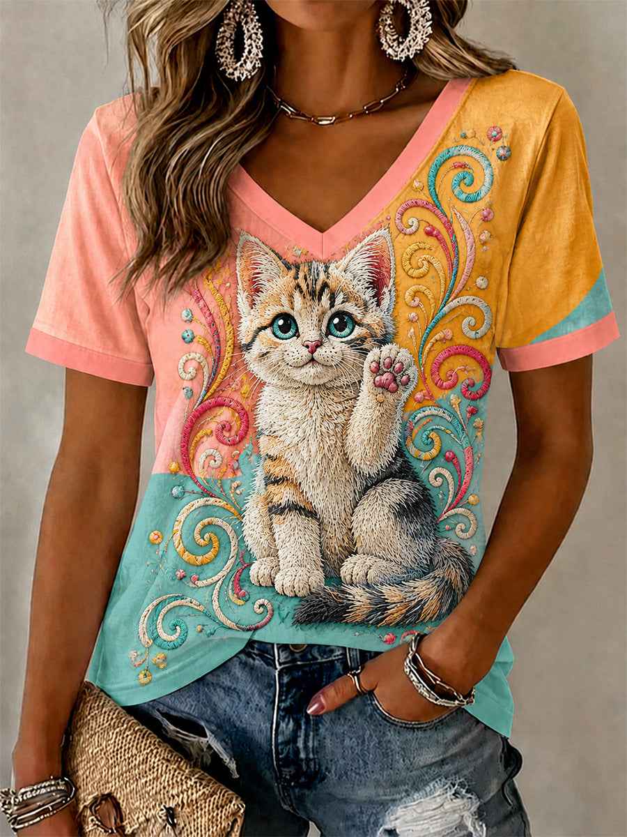 Women's Artistic Cat Print Casual V-Neck Tee