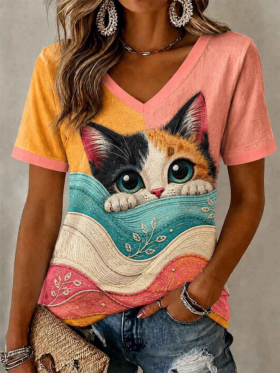 Women's Artistic Cat Print Casual V-Neck Tee