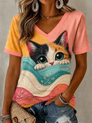 Women's Artistic Cat Print Casual V-Neck Tee