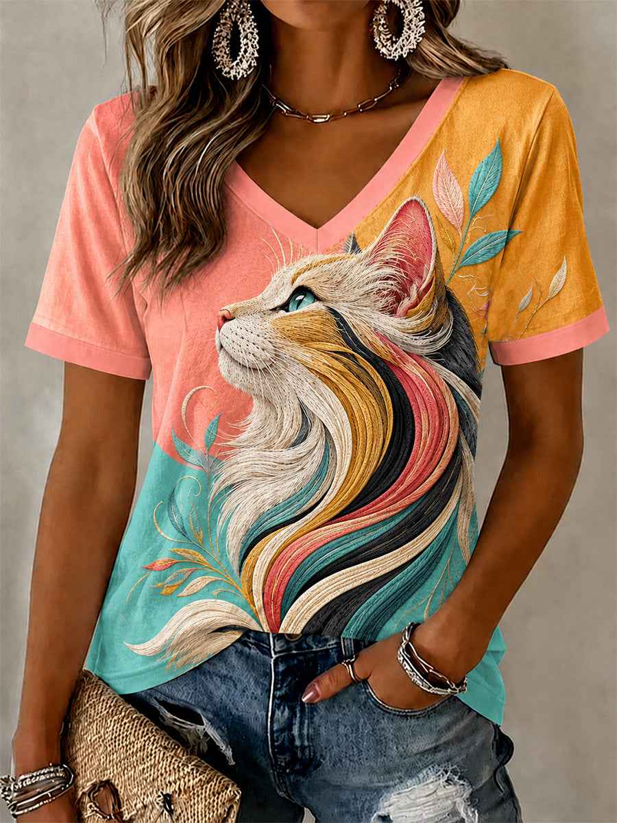 Women's Artistic Cat Print Casual V-Neck Tee