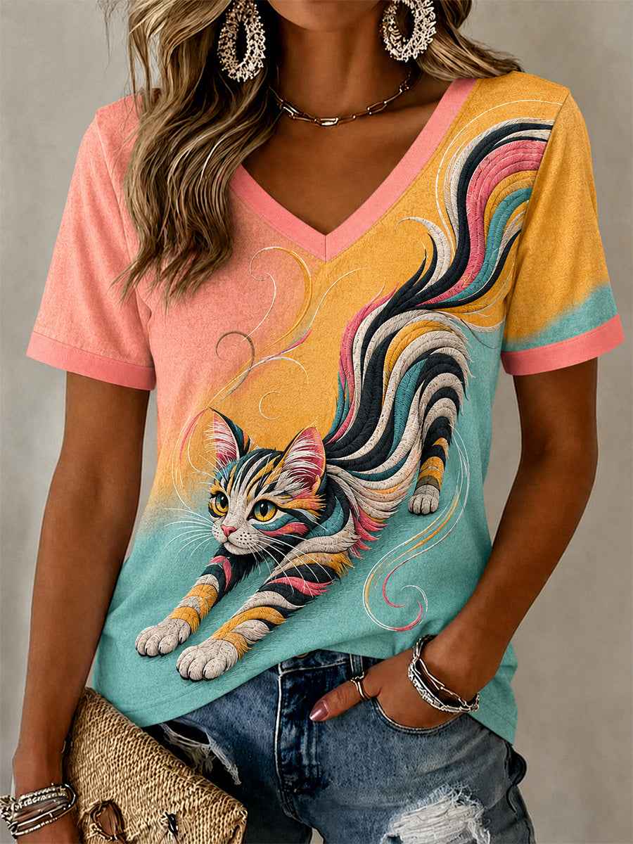 Women's Artistic Cat Print Casual V-Neck Tee