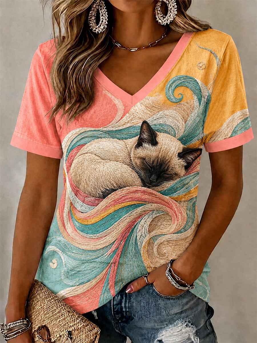 Women's Artistic Cat Print Casual V-Neck Tee