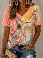 Women's Artistic Cat Print Casual V-Neck Tee