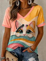 Women's Artistic Cat Print Casual V-Neck Tee
