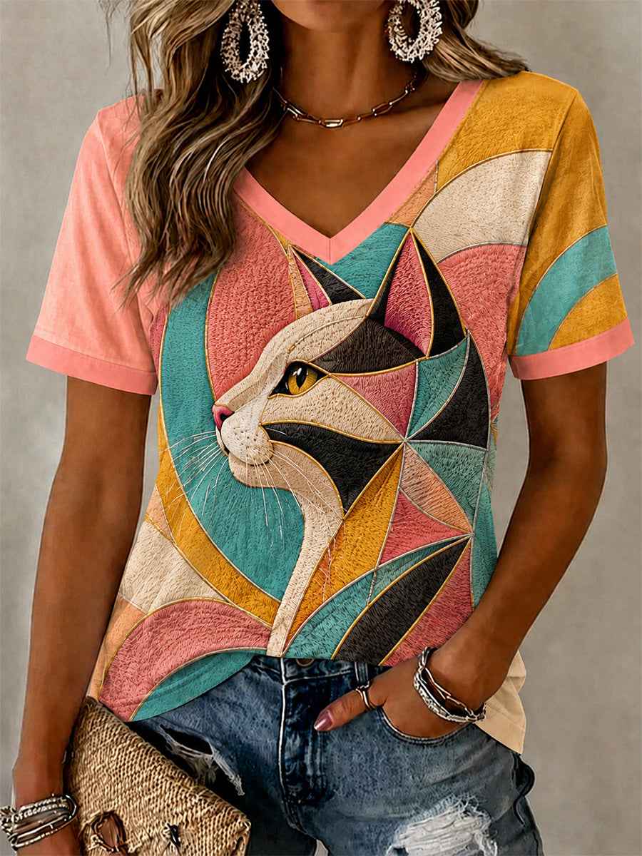 Women's Artistic Cat Print Casual V-Neck Tee