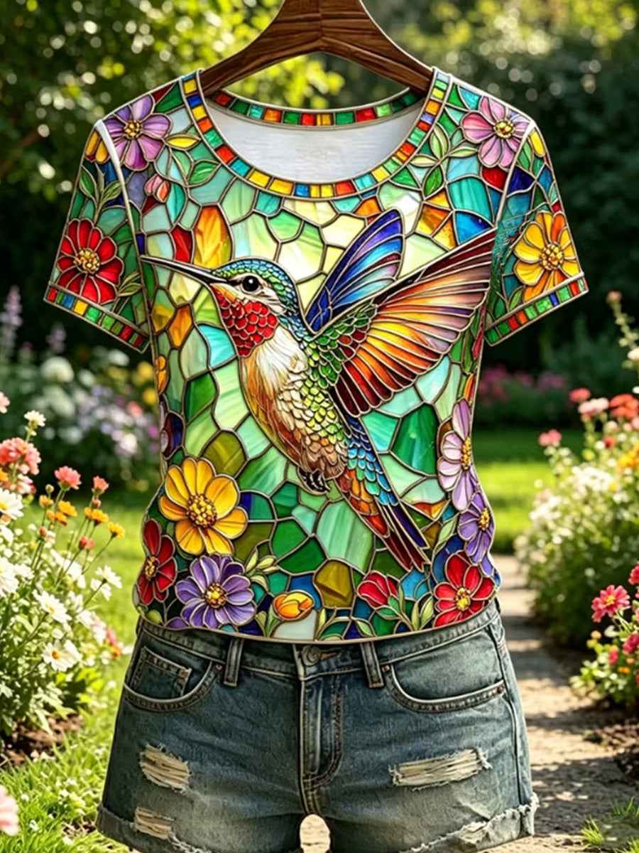 Women's Floral Hummingbird Print Casual Tee