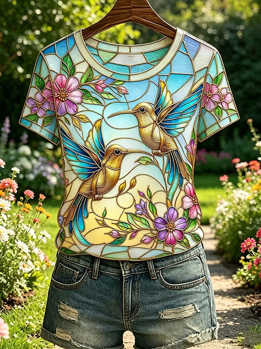 Women's Floral Hummingbird Print Casual Tee gracestitchs