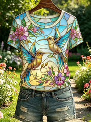 Women's Floral Hummingbird Print Casual Tee gracestitchs
