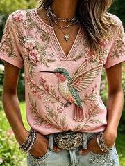Women's Floral Hummingbird Print Casual V-Neck Top