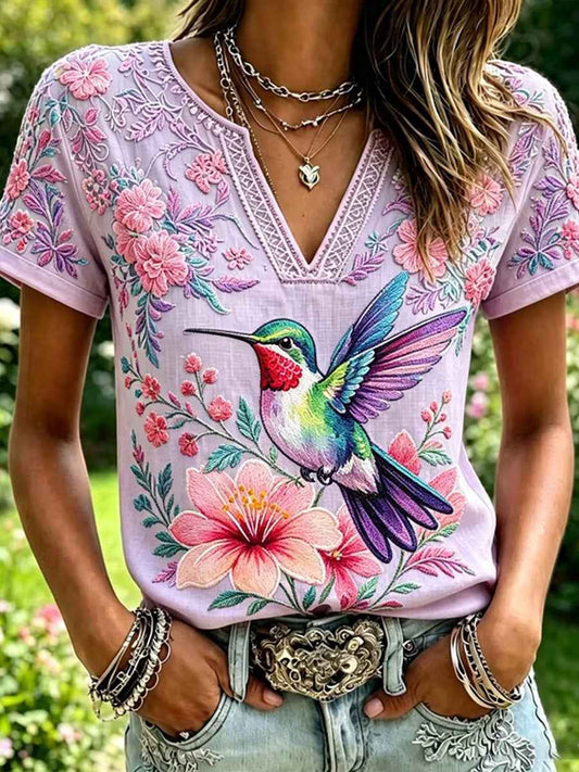 Women's Floral Hummingbird Print Casual V-Neck Top
