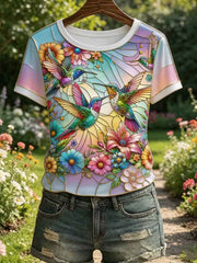 Women's Floral Hummingbird Print Casual Tee