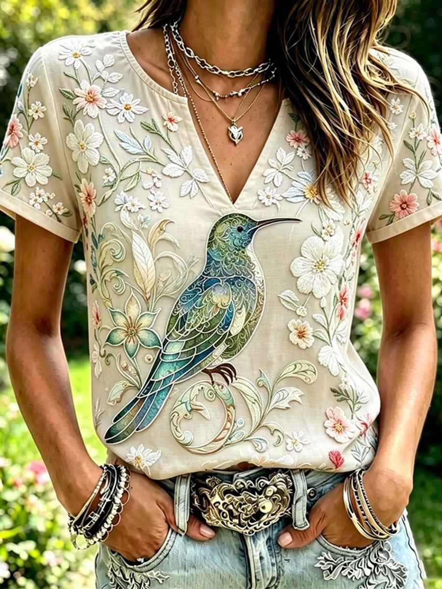 Women's Floral Hummingbird Print Casual V-Neck Top