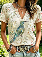 Women's Floral Hummingbird Print Casual V-Neck Top
