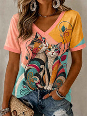 Women's Artistic Cat Print Casual V-Neck Tee