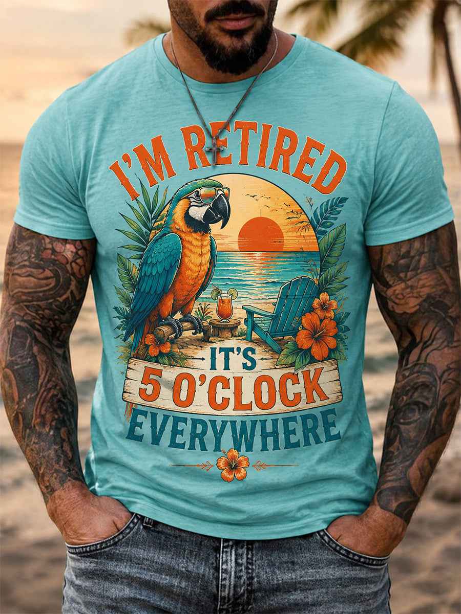 Men's I'm Retired It's 5 O'clock Everywhere Parrot Print Casual Tee