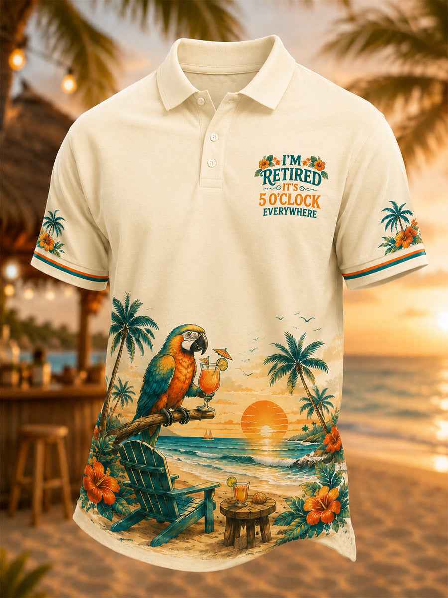 Men's I'm Retired It's 5 O'clock Everywhere Parrot Print Casual Polo