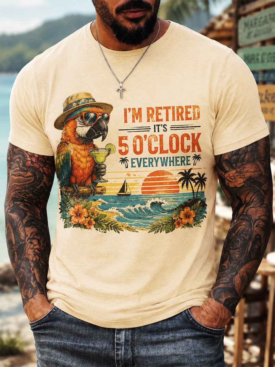 Men's I'm Retired It's 5 O'clock Everywhere Parrot Print Casual Tee