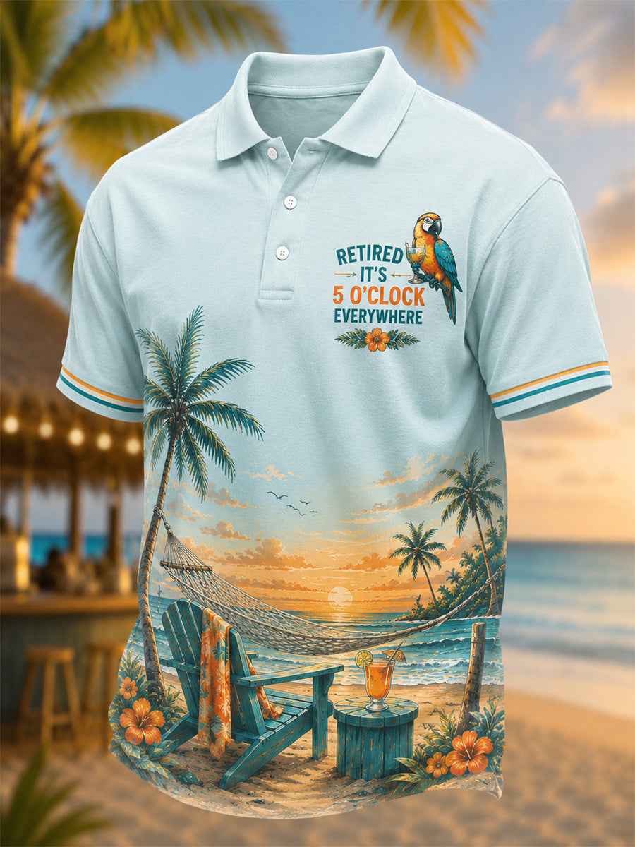 Men's I'm Retired It's 5 O'clock Everywhere Parrot Print Casual Polo