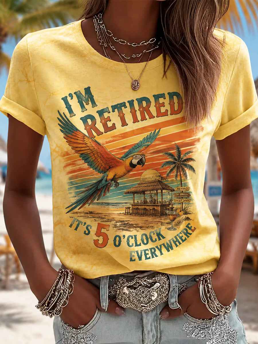 Women's I'm Retired It's 5 O'clock Everywhere Parrot Print Casual Tee