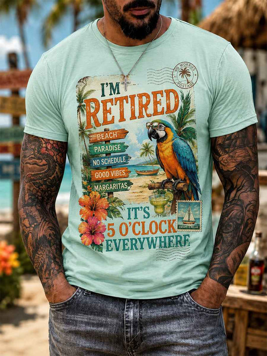 Men's I'm Retired It's 5 O'clock Everywhere Parrot Print Casual Tee