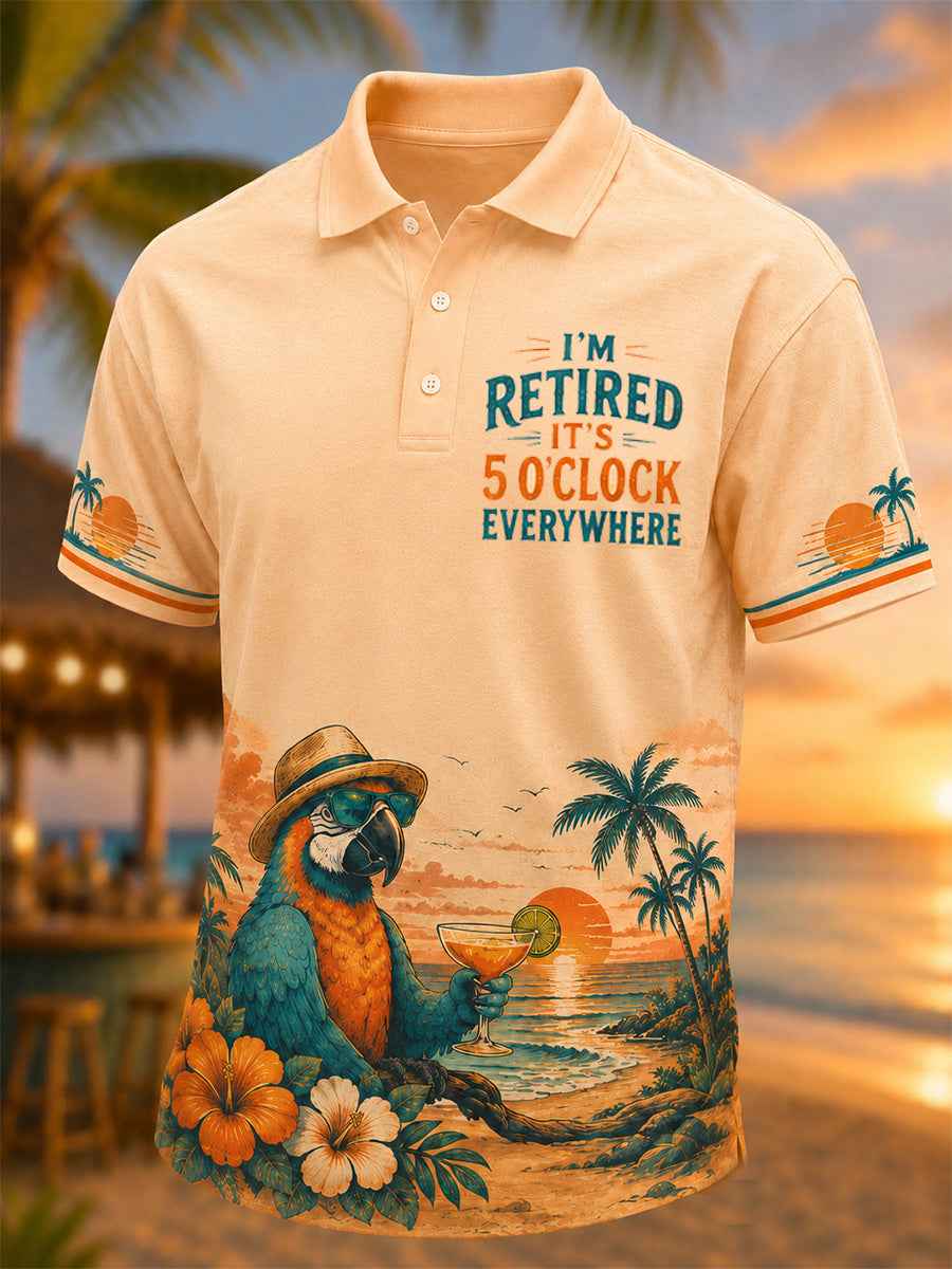 Men's I'm Retired It's 5 O'clock Everywhere Parrot Print Casual Polo
