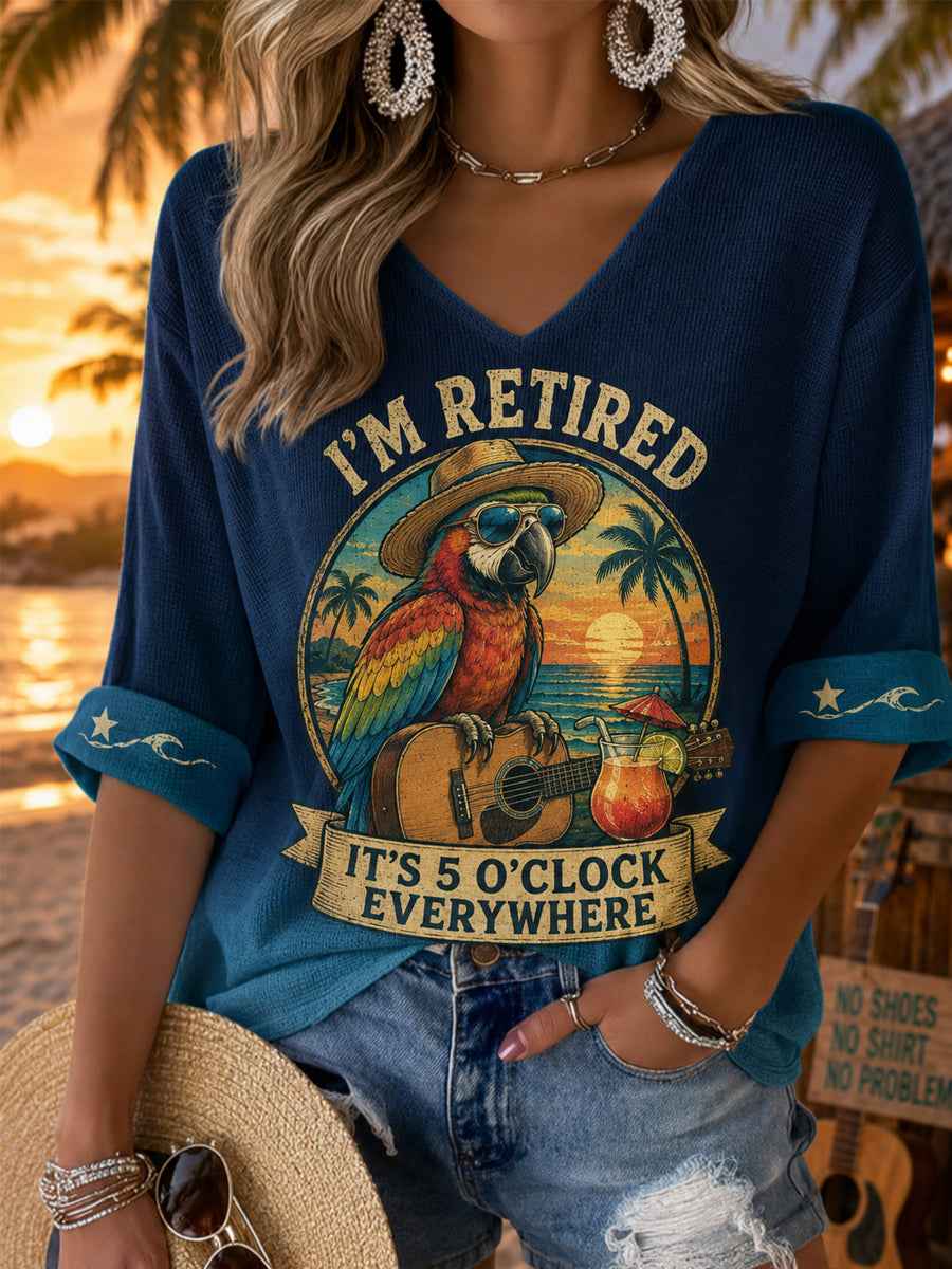 Women's I'm Retired It's 5 O'clock Everywhere Parrot Print Casual Waffle Half-Sleeve Top