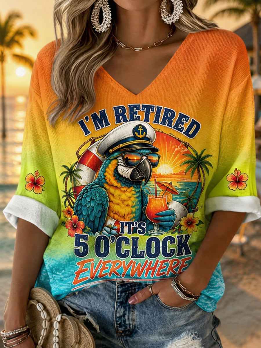 Women's I'm Retired It's 5 O'clock Everywhere Parrot Print Casual Waffle Half-Sleeve Top