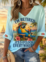 Women's I'm Retired It's 5 O'clock Everywhere Parrot Print Casual Waffle Half-Sleeve Top