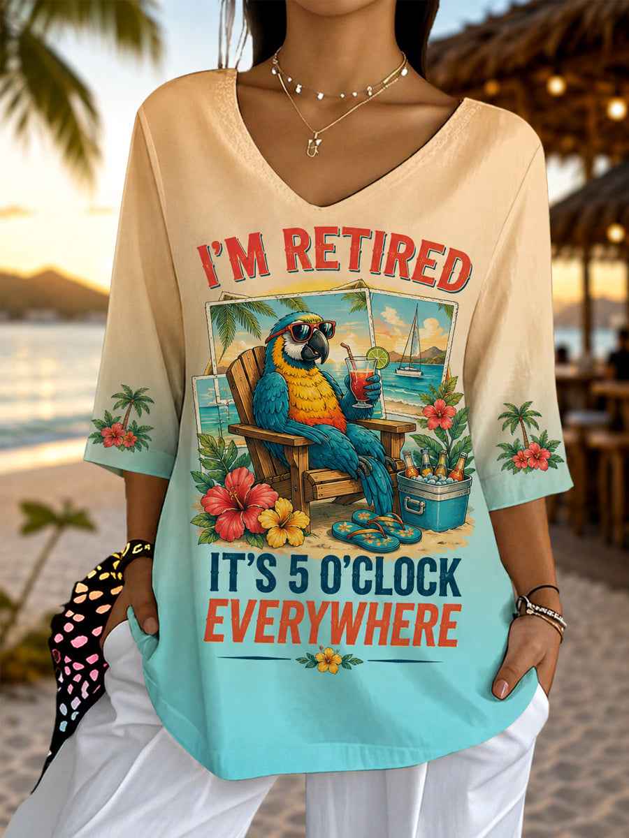 Women's I'm Retired It's 5 O'clock Everywhere Parrot Print Casual Half-Sleeve Top