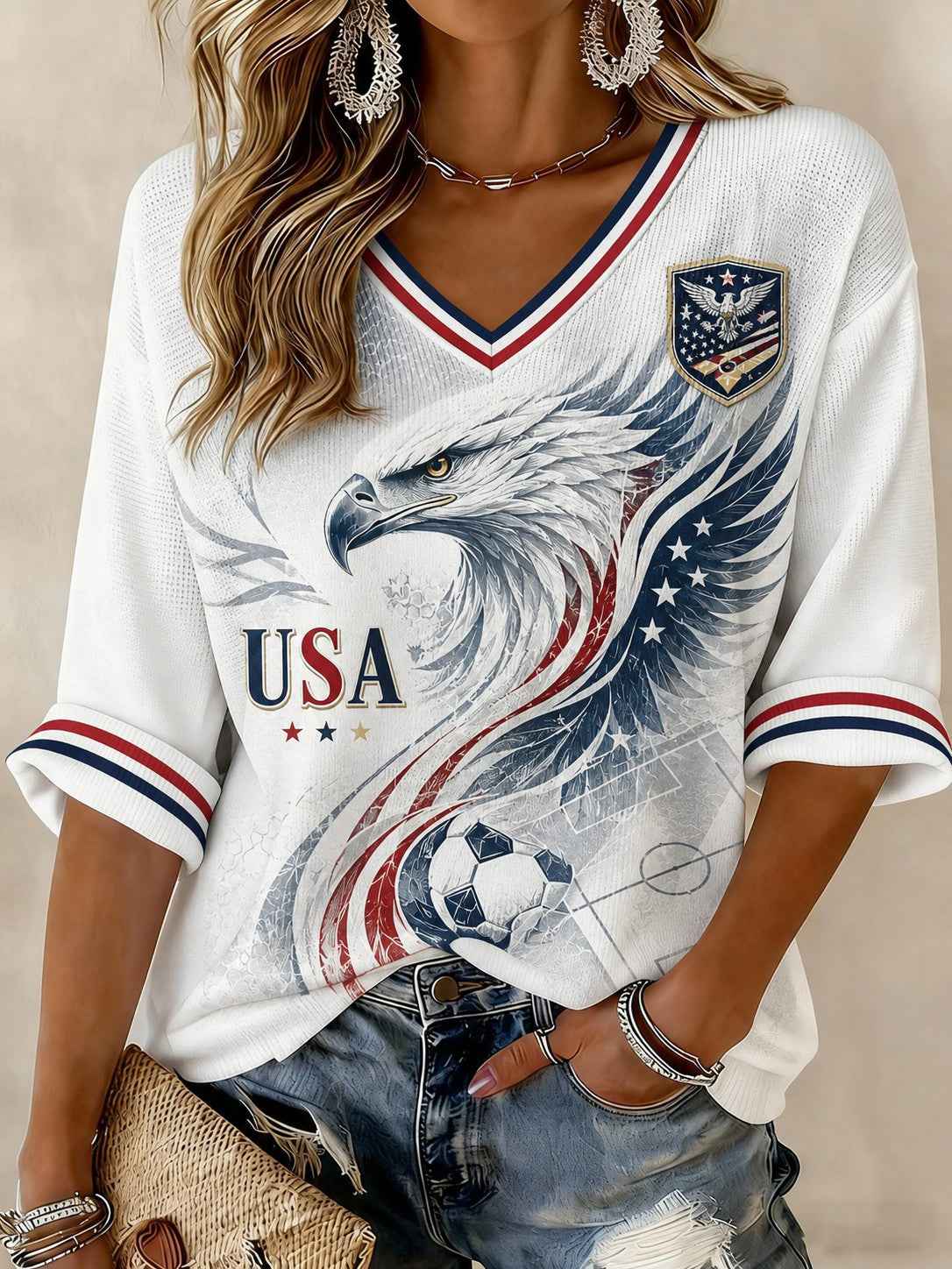 Women's USA Football Printed Mid-length Sleeves V-Neck T-Shirt